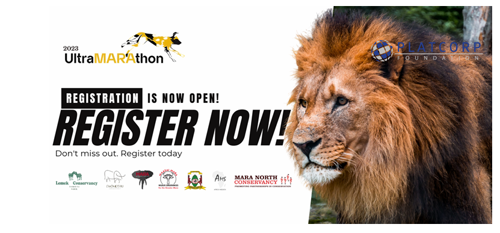 A powerful lion in the wild, symbolizing the untamed beauty of the Maasai Mara, with a prominent "Register Now" button in the foreground, inviting you to join the UltraMARAthon.